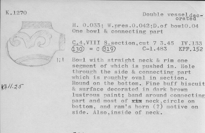Index card with typed and handwritten information, sometimes including a sketch, of pottery from an excavation.