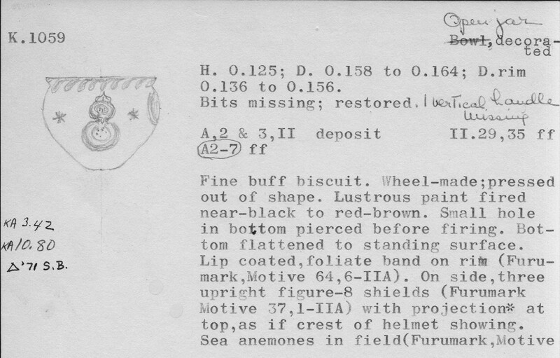 Index card with typed and handwritten information, sometimes including a sketch, of pottery from an excavation.