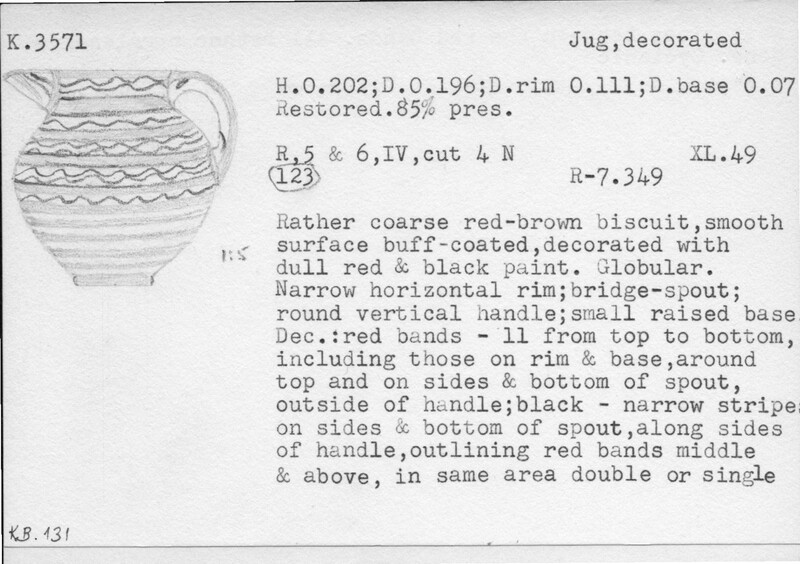 Index card with typed and handwritten information, sometimes including a sketch, of pottery from an excavation.