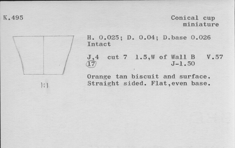Index card with typed and handwritten information, sometimes including a sketch, of pottery from an excavation.