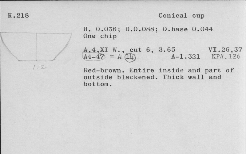 Index card with typed and handwritten information, sometimes including a sketch, of pottery from an excavation.