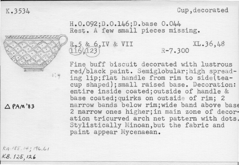 Index card with typed and handwritten information, sometimes including a sketch, of pottery from an excavation.