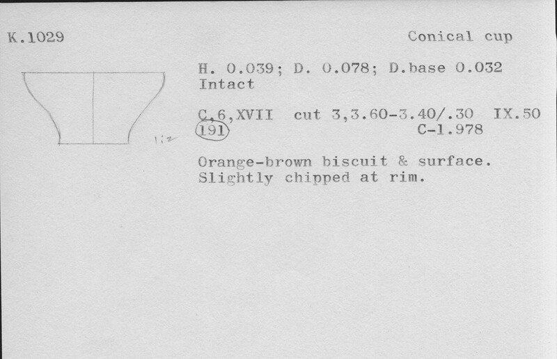 Index card with typed and handwritten information, sometimes including a sketch, of pottery from an excavation.