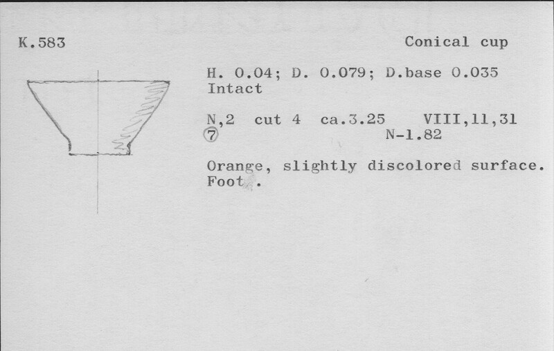 Index card with typed and handwritten information, sometimes including a sketch, of pottery from an excavation.