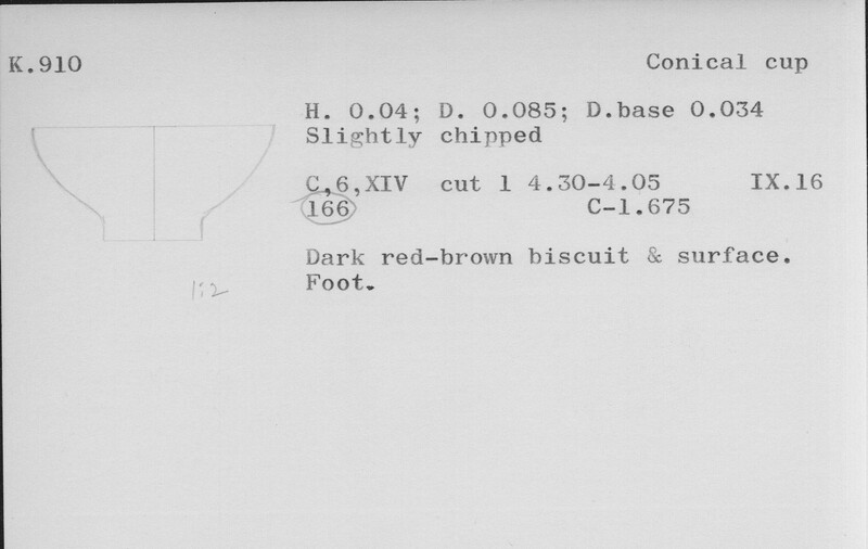 Index card with typed and handwritten information, sometimes including a sketch, of pottery from an excavation.