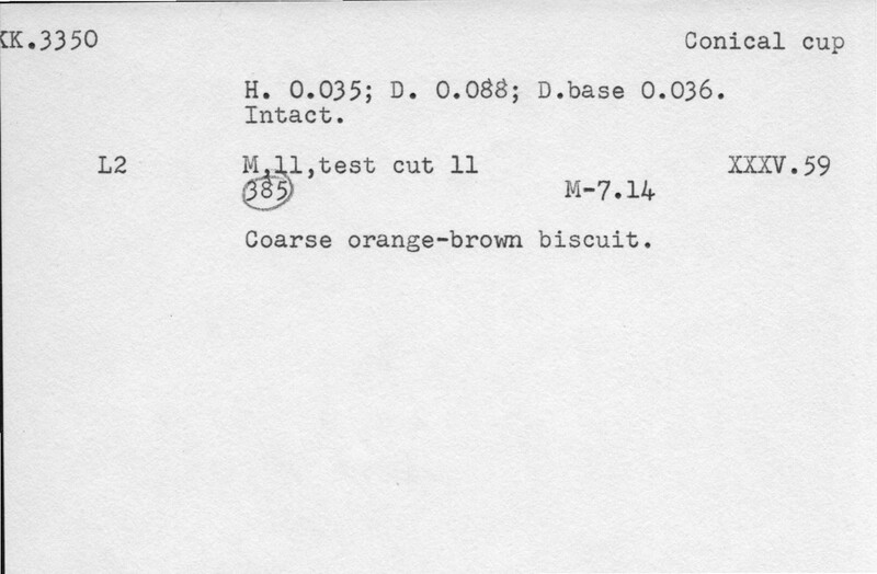 Index card with typed and handwritten information, sometimes including a sketch, of pottery from an excavation.