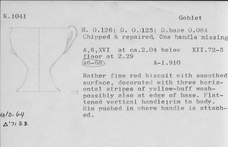Index card with typed and handwritten information, sometimes including a sketch, of pottery from an excavation.