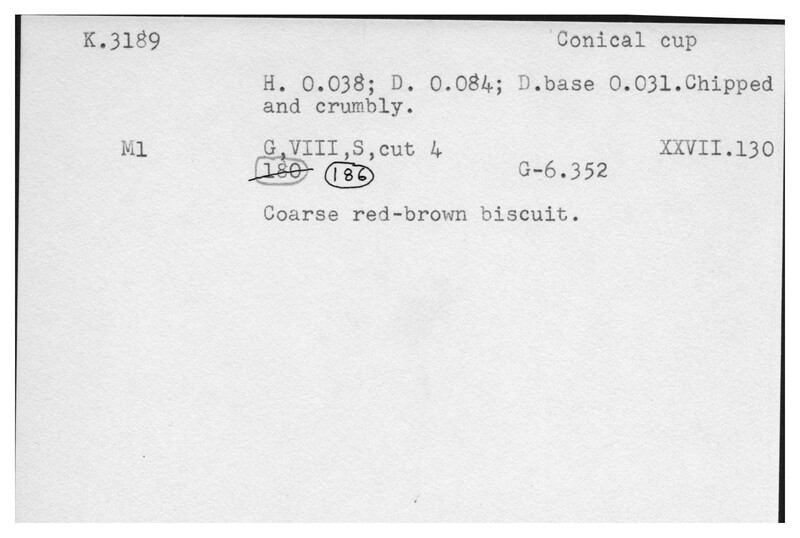Index card with typed and handwritten information, sometimes including a sketch, of pottery from an excavation.