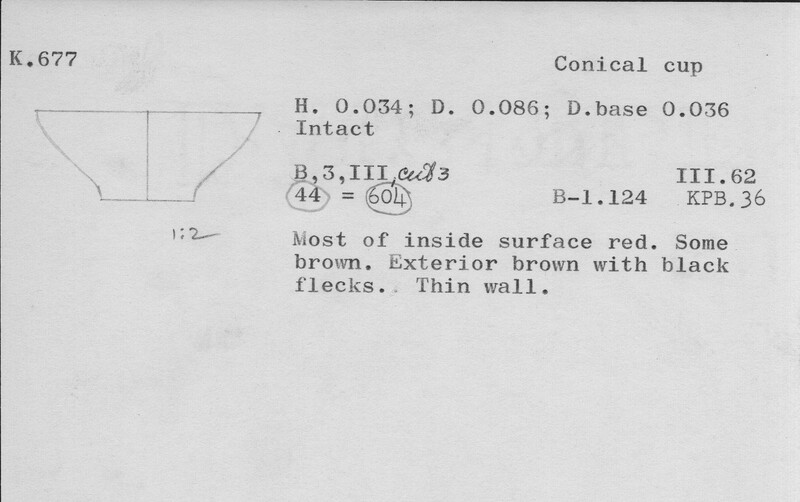 Index card with typed and handwritten information, sometimes including a sketch, of pottery from an excavation.