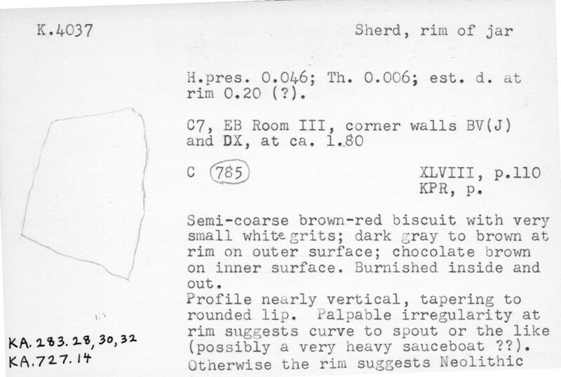 Index card with typed and handwritten information, sometimes including a sketch, of pottery from an excavation.
