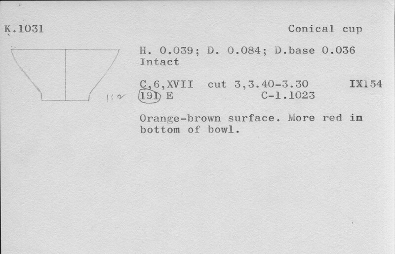 Index card with typed and handwritten information, sometimes including a sketch, of pottery from an excavation.