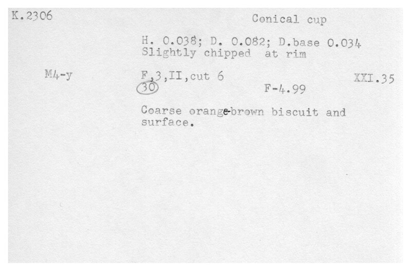 Index card with typed and handwritten information, sometimes including a sketch, of pottery from an excavation.