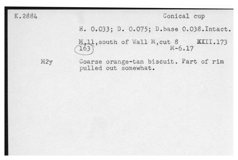 Index card with typed and handwritten information, sometimes including a sketch, of pottery from an excavation.