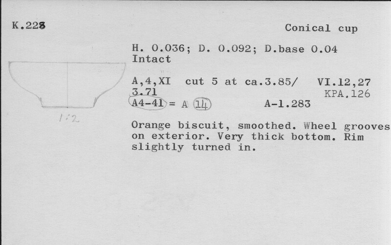 Index card with typed and handwritten information, sometimes including a sketch, of pottery from an excavation.