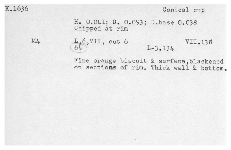Index card with typed and handwritten information, sometimes including a sketch, of pottery from an excavation.