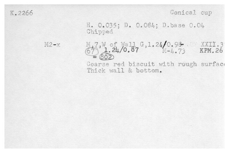 Index card with typed and handwritten information, sometimes including a sketch, of pottery from an excavation.
