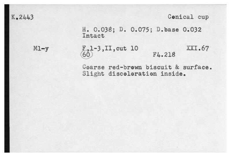 Index card with typed and handwritten information, sometimes including a sketch, of pottery from an excavation.