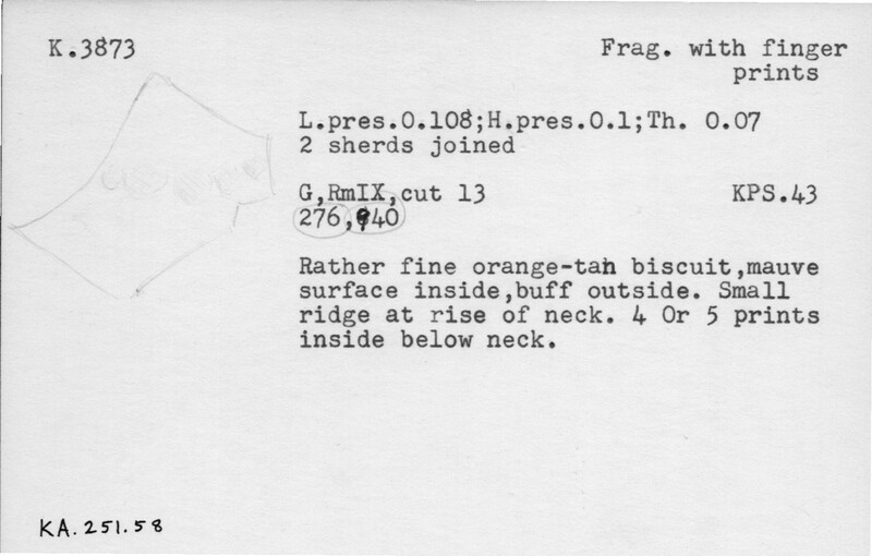 Index card with typed and handwritten information, sometimes including a sketch, of pottery from an excavation.