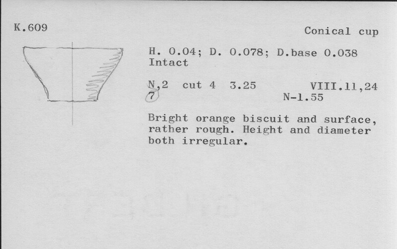 Index card with typed and handwritten information, sometimes including a sketch, of pottery from an excavation.