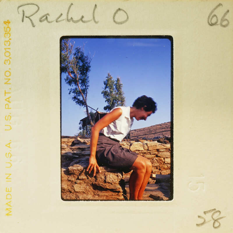 Woman sitting on a rock wall with trees in the background.
