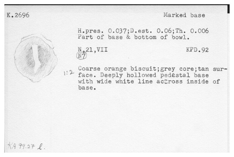 Index card with typed and handwritten information, sometimes including a sketch, of pottery from an excavation.