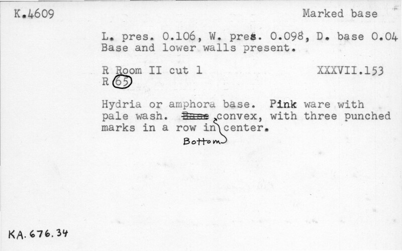 Index card with typed and handwritten information, sometimes including a sketch, of pottery from an excavation.