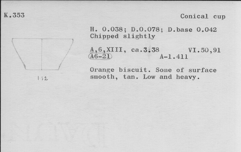 Index card with typed and handwritten information, sometimes including a sketch, of pottery from an excavation.