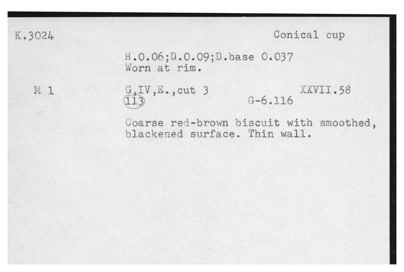 Index card with typed and handwritten information, sometimes including a sketch, of pottery from an excavation.