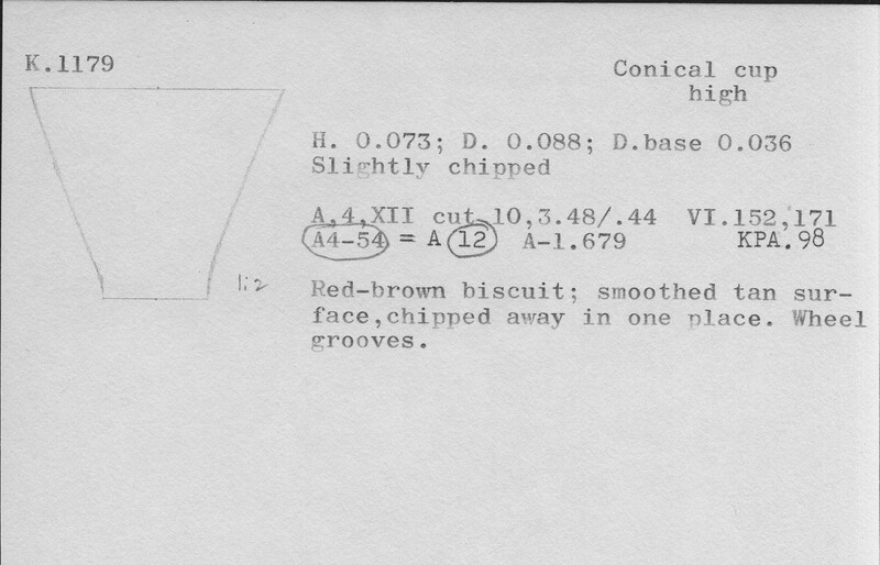 Index card with typed and handwritten information, sometimes including a sketch, of pottery from an excavation.