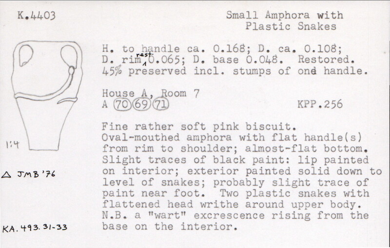 Index card with typed and handwritten information, sometimes including a sketch, of pottery from an excavation.