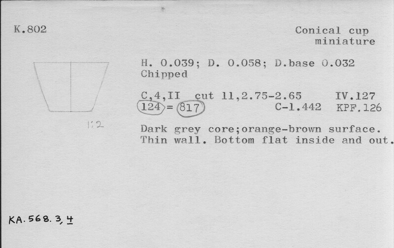 Index card with typed and handwritten information, sometimes including a sketch, of pottery from an excavation.