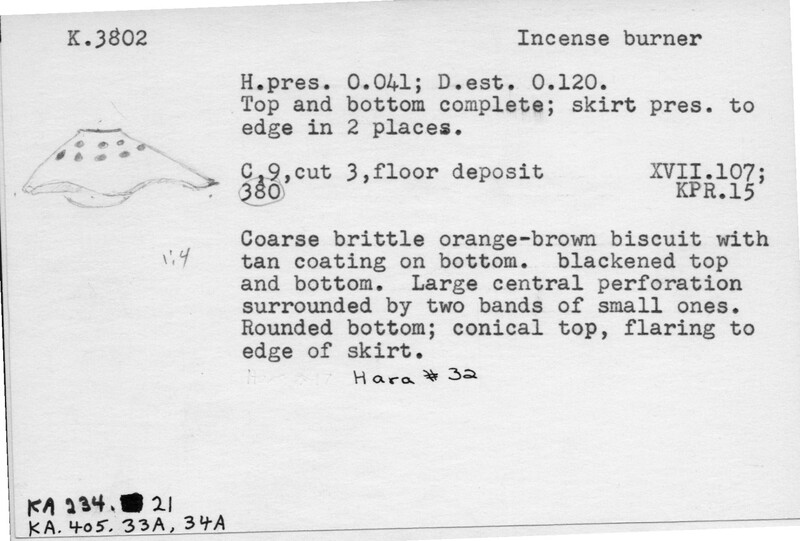 Index card with typed and handwritten information, sometimes including a sketch, of pottery from an excavation.