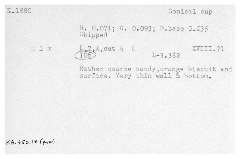 Index card with typed and handwritten information, sometimes including a sketch, of pottery from an excavation.
