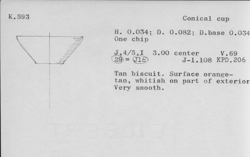 Index card with typed and handwritten information, sometimes including a sketch, of pottery from an excavation.