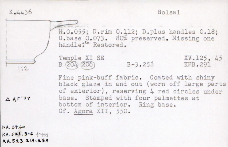 Index card with typed and handwritten information, sometimes including a sketch, of pottery from an excavation.