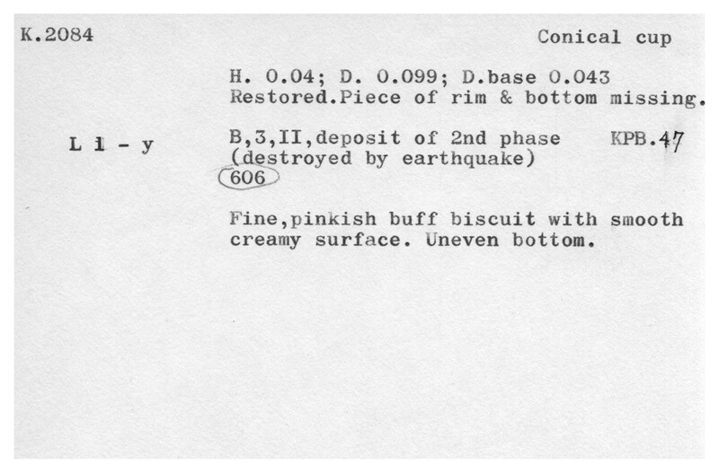 Index card with typed and handwritten information, sometimes including a sketch, of pottery from an excavation.