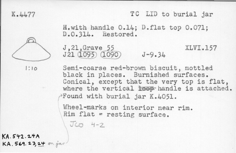 Index card with typed and handwritten information, sometimes including a sketch, of pottery from an excavation.