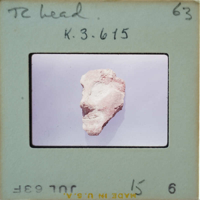 A photograph of a clay face mask on display.