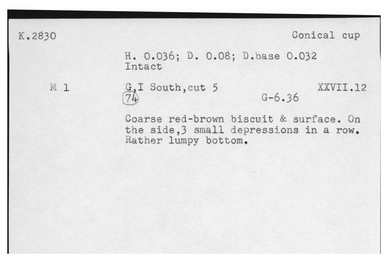 Index card with typed and handwritten information, sometimes including a sketch, of pottery from an excavation.