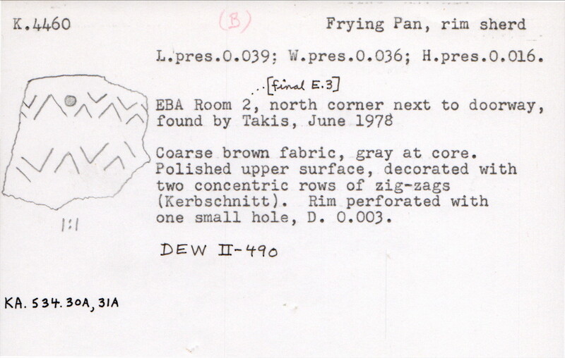 Index card with typed and handwritten information, sometimes including a sketch, of pottery from an excavation.