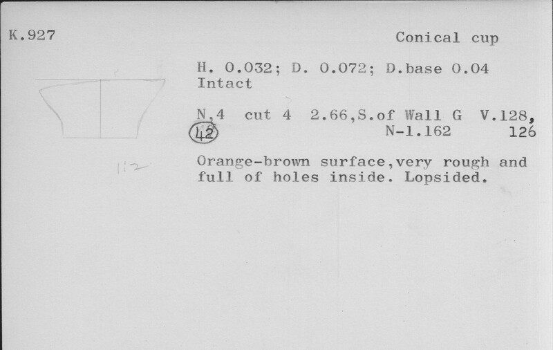 Index card with typed and handwritten information, sometimes including a sketch, of pottery from an excavation.