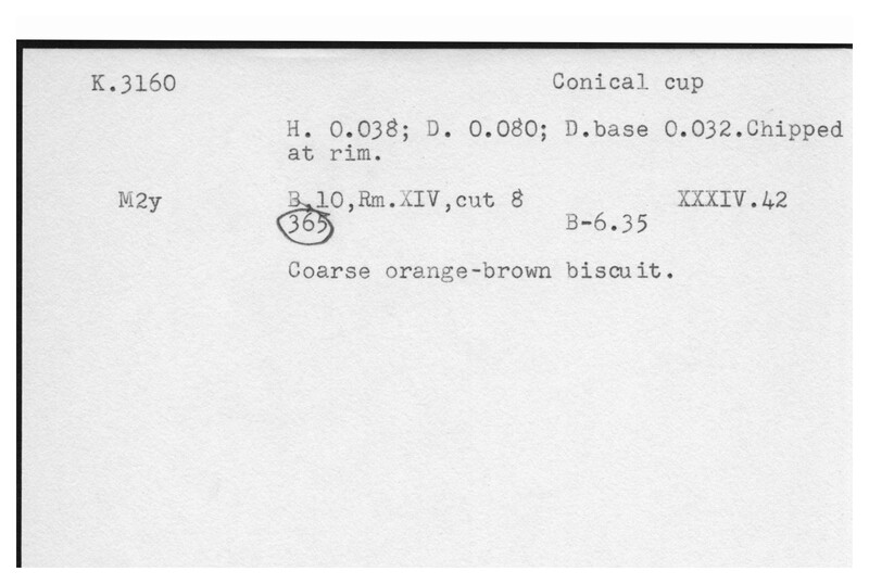 Index card with typed and handwritten information, sometimes including a sketch, of pottery from an excavation.