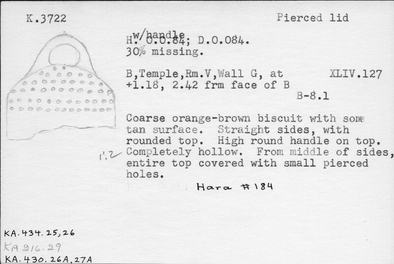 Index card with typed and handwritten information, sometimes including a sketch, of pottery from an excavation.