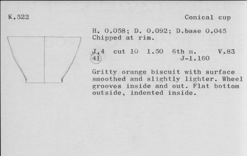 Index card with typed and handwritten information, sometimes including a sketch, of pottery from an excavation.