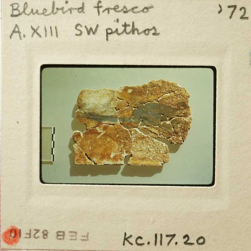 Faded photograph of an ancient artifact, possibly a piece of pottery with visible cracks and markings.