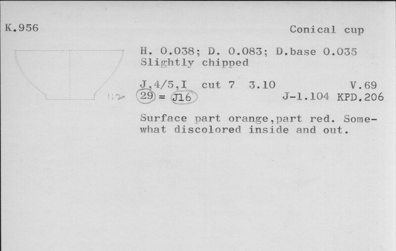 Index card with typed and handwritten information, sometimes including a sketch, of pottery from an excavation.