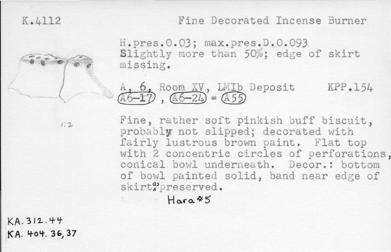 Index card with typed and handwritten information, sometimes including a sketch, of pottery from an excavation.