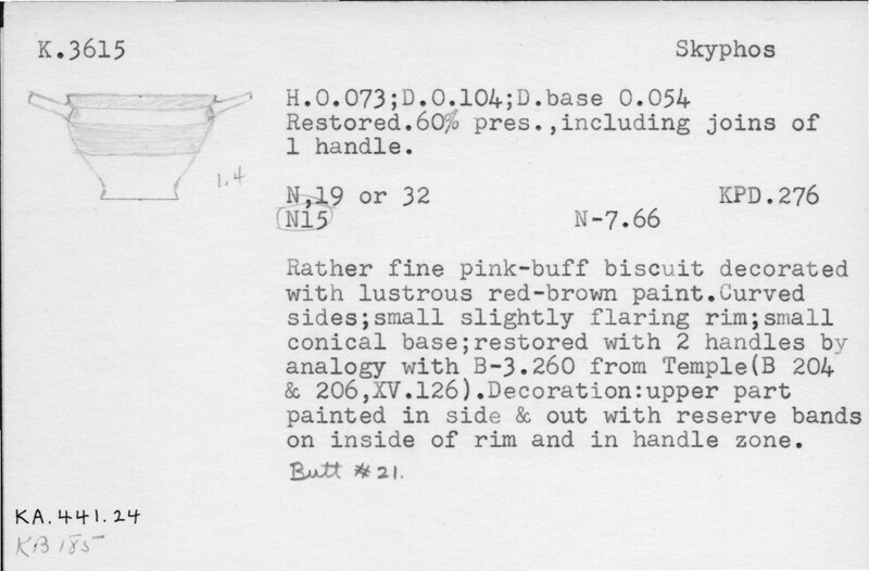 Index card with typed and handwritten information, sometimes including a sketch, of pottery from an excavation.
