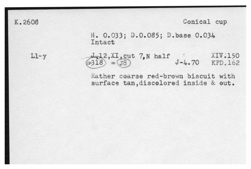 Index card with typed and handwritten information, sometimes including a sketch, of pottery from an excavation.