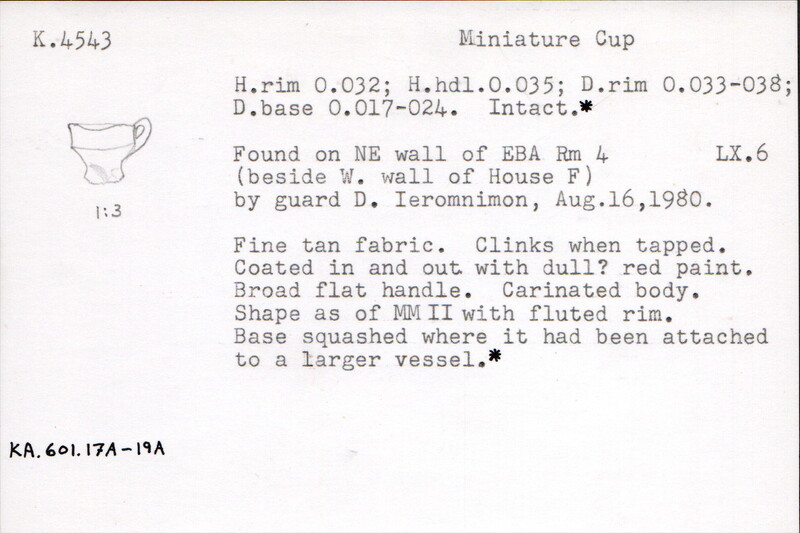 Index card with typed and handwritten information, sometimes including a sketch, of pottery from an excavation.